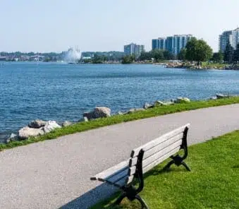 Aerial panoramic view of suburban neighborhoods and community properties in Barrie, Ontario