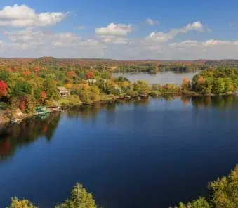 Luxury lakefront estates surrounded by lush green forests in Muskoka, Ontario